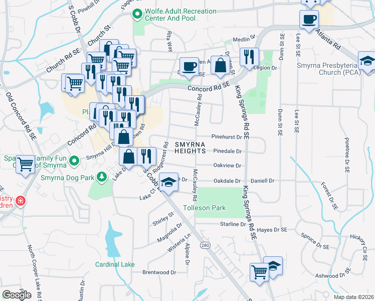 map of restaurants, bars, coffee shops, grocery stores, and more near 1031 Pinedale Drive in Smyrna