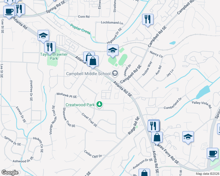 map of restaurants, bars, coffee shops, grocery stores, and more near 100 Ryan Way in Smyrna