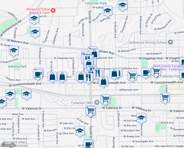 map of restaurants, bars, coffee shops, grocery stores, and more near 206 North Euclid Street in Fullerton