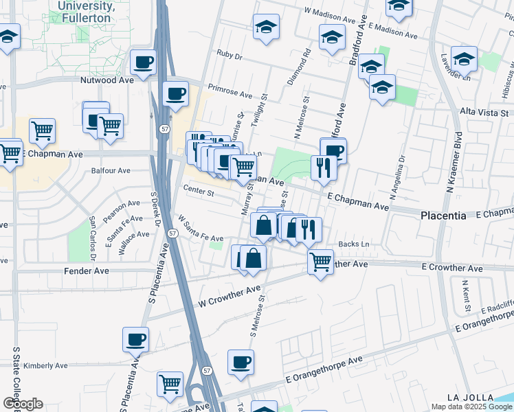 map of restaurants, bars, coffee shops, grocery stores, and more near 405 Center Street in Placentia