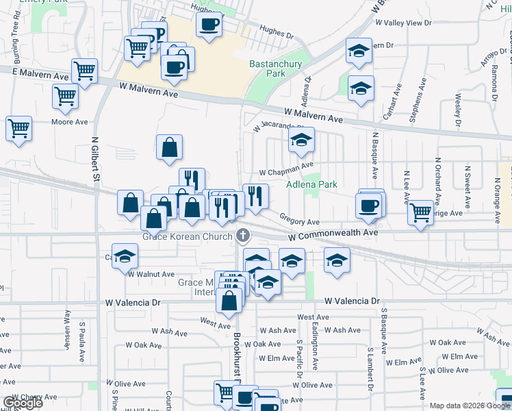 map of restaurants, bars, coffee shops, grocery stores, and more near 1944 Gregory Avenue in Fullerton
