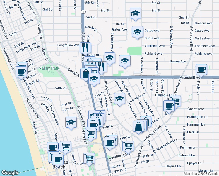 map of restaurants, bars, coffee shops, grocery stores, and more near 1101 21st Street in Hermosa Beach