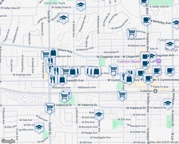 map of restaurants, bars, coffee shops, grocery stores, and more near 539 West Amerige Avenue in Fullerton
