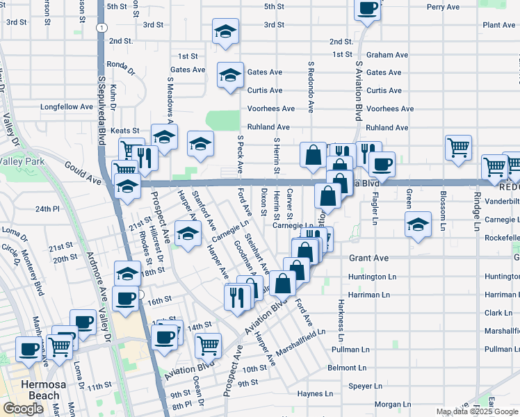 map of restaurants, bars, coffee shops, grocery stores, and more near 1733 Dixon Street in Redondo Beach
