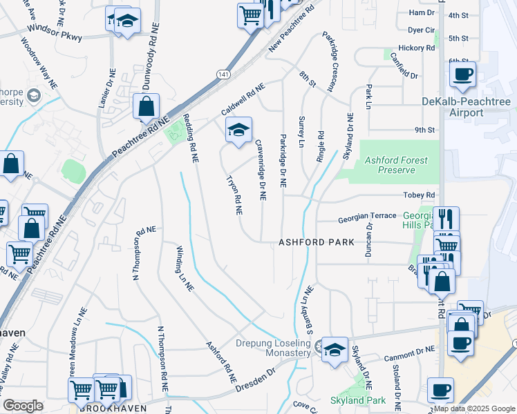 map of restaurants, bars, coffee shops, grocery stores, and more near 2864 Cravenridge Drive Northeast in Atlanta