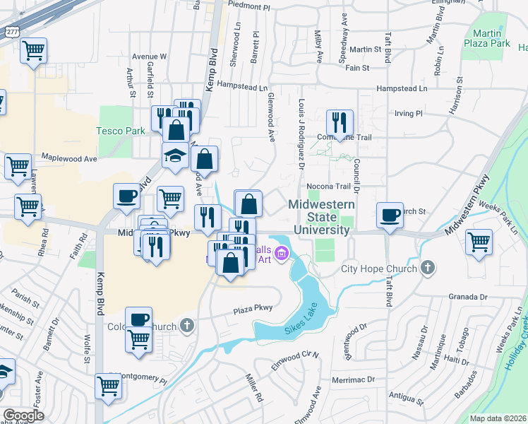 map of restaurants, bars, coffee shops, grocery stores, and more near 1 Newcomb Terrace in Wichita Falls