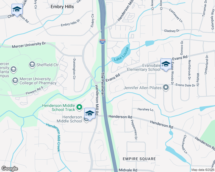 map of restaurants, bars, coffee shops, grocery stores, and more near 3580 Greystone Circle in Atlanta