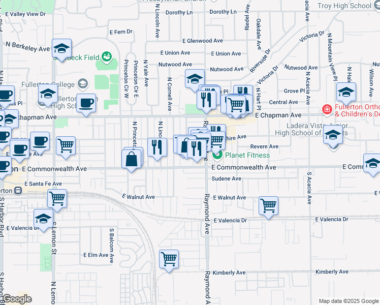 map of restaurants, bars, coffee shops, grocery stores, and more near 117 North Stanford Avenue in Fullerton