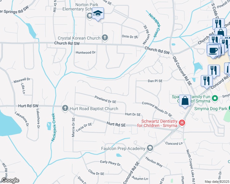 map of restaurants, bars, coffee shops, grocery stores, and more near 157 Ennisbrook Drive Southeast in Smyrna