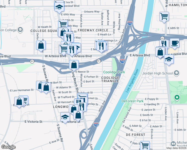 map of restaurants, bars, coffee shops, grocery stores, and more near 249 East Forhan Street in Long Beach