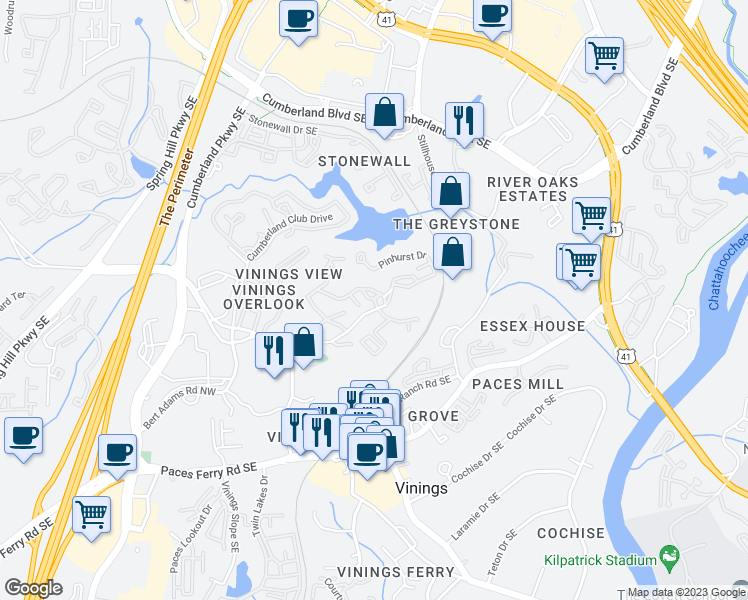 map of restaurants, bars, coffee shops, grocery stores, and more near 1599 Woodridge Drive in Atlanta