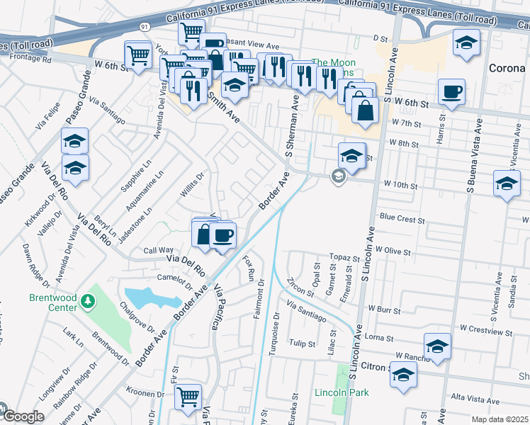 map of restaurants, bars, coffee shops, grocery stores, and more near 1107 Border Avenue in Corona