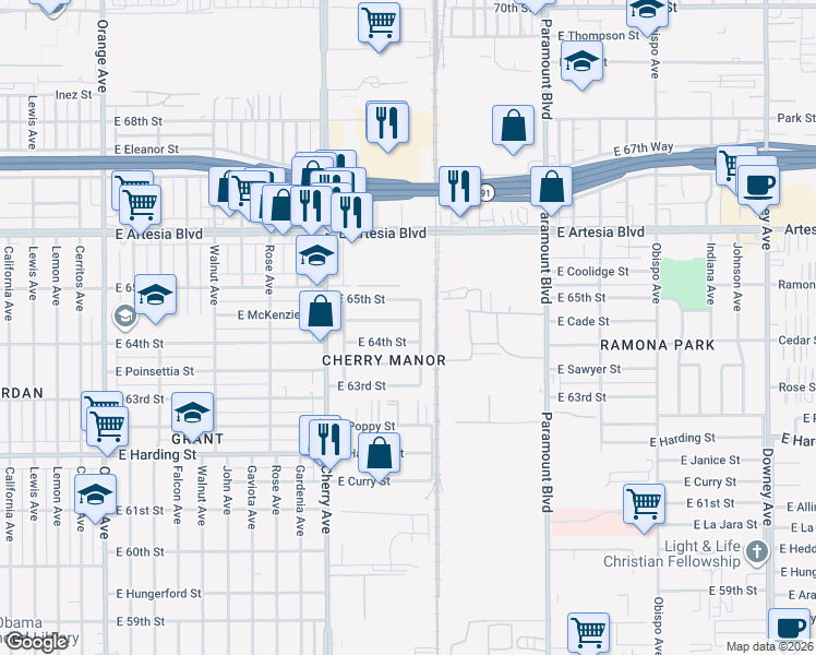 map of restaurants, bars, coffee shops, grocery stores, and more near 2252 East Mckenzie Street in Long Beach