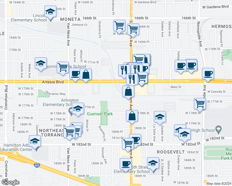 map of restaurants, bars, coffee shops, grocery stores, and more near 1900 Artesia Boulevard in Torrance