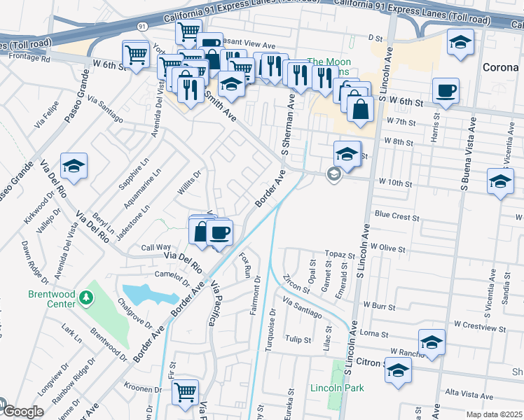 map of restaurants, bars, coffee shops, grocery stores, and more near 1107 Border Avenue in Corona