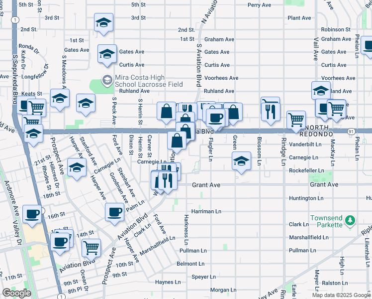 map of restaurants, bars, coffee shops, grocery stores, and more near 1730 Aviation Boulevard in Redondo Beach