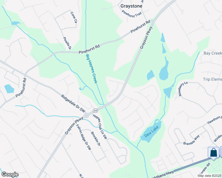 map of restaurants, bars, coffee shops, grocery stores, and more near 2434 Trace Pond Circle Southwest in Grayson