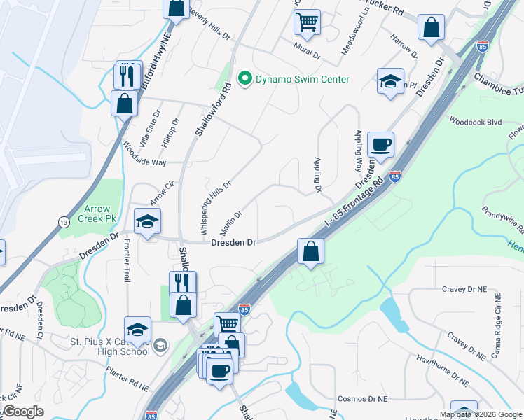 map of restaurants, bars, coffee shops, grocery stores, and more near 2865 Marlin Way in Atlanta