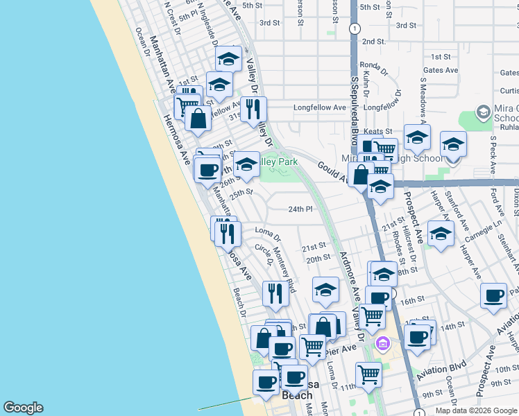 map of restaurants, bars, coffee shops, grocery stores, and more near 2426 Silverstrand Avenue in Hermosa Beach