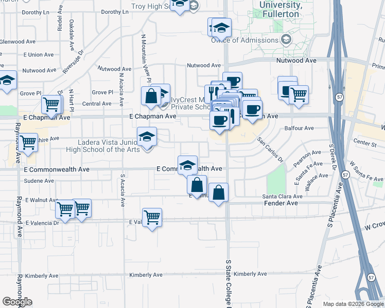 map of restaurants, bars, coffee shops, grocery stores, and more near 2218 Revere Avenue in Fullerton
