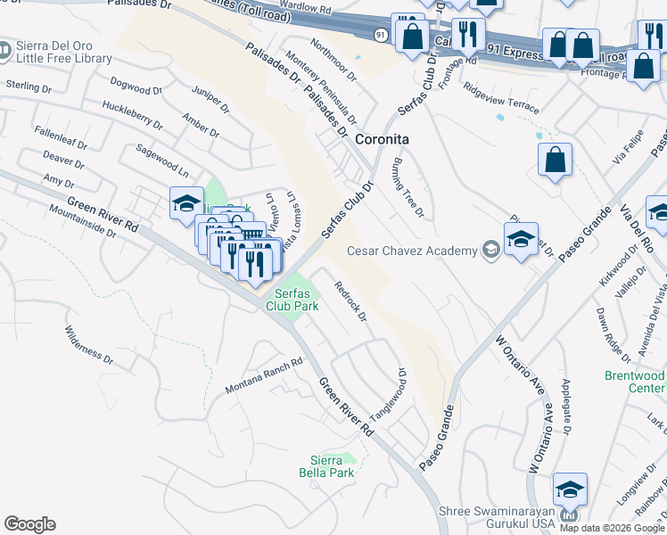 map of restaurants, bars, coffee shops, grocery stores, and more near 2589 Redrock Drive in Corona