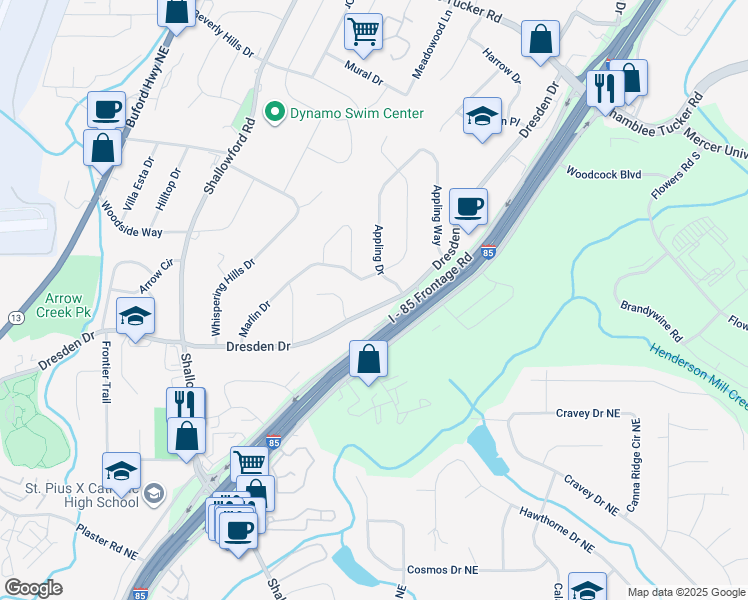 map of restaurants, bars, coffee shops, grocery stores, and more near 2710 Dresden Drive in Chamblee
