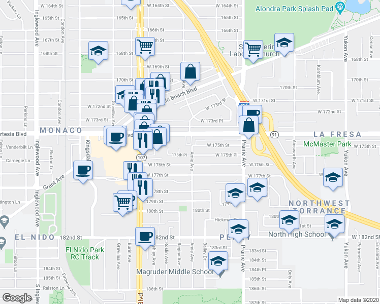 map of restaurants, bars, coffee shops, grocery stores, and more near 17517 Amie Avenue in Torrance