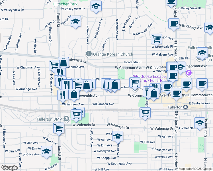 map of restaurants, bars, coffee shops, grocery stores, and more near 539 West Amerige Avenue in Fullerton