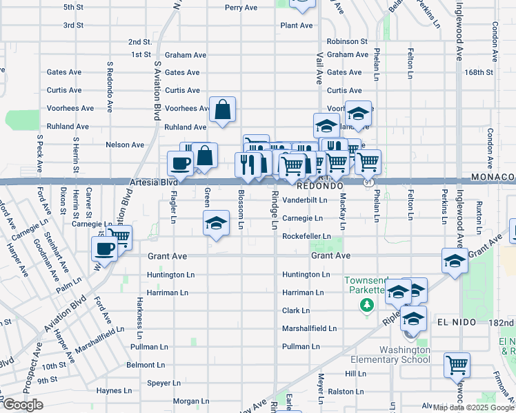 map of restaurants, bars, coffee shops, grocery stores, and more near 2112 Vanderbilt Lane in Redondo Beach
