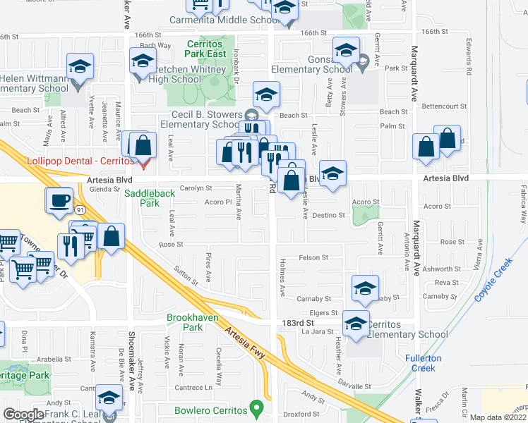 map of restaurants, bars, coffee shops, grocery stores, and more near 13349 Yucatan Place in Cerritos