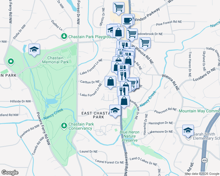 map of restaurants, bars, coffee shops, grocery stores, and more near 4266 Roswell Road Northeast in Atlanta