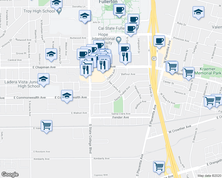 map of restaurants, bars, coffee shops, grocery stores, and more near 2466 Balfour Avenue in Fullerton
