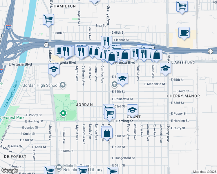 map of restaurants, bars, coffee shops, grocery stores, and more near 6425 Orange Avenue in Long Beach