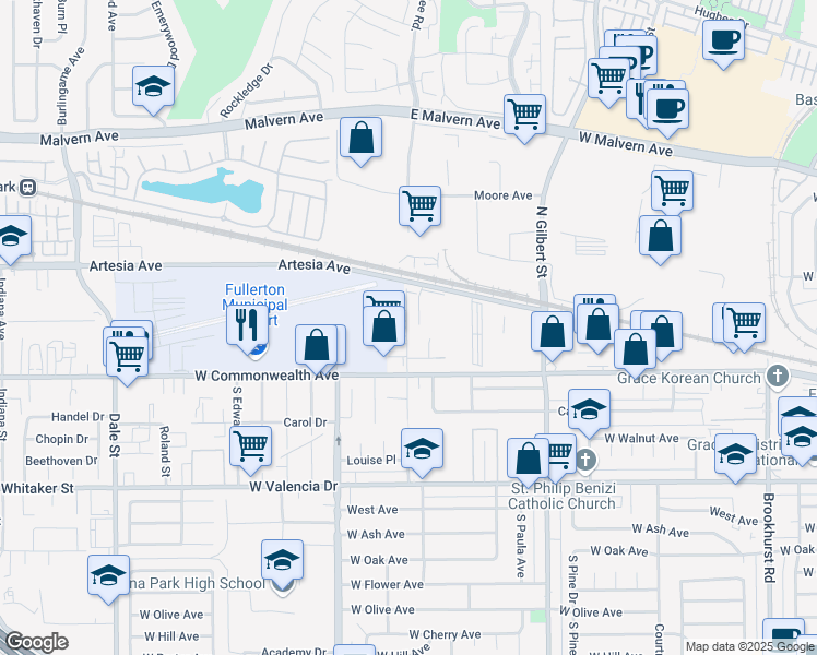 map of restaurants, bars, coffee shops, grocery stores, and more near 126 North Pritchard Avenue in Fullerton