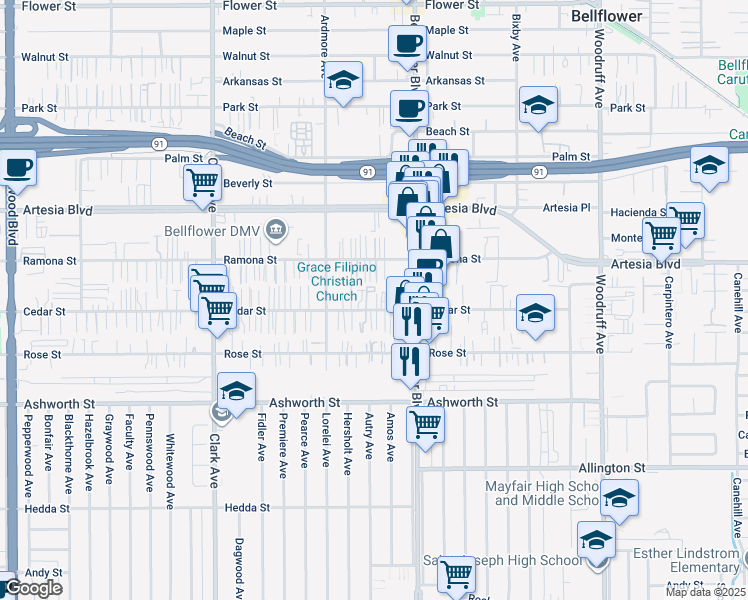 map of restaurants, bars, coffee shops, grocery stores, and more near 9707 Cedar Street in Bellflower