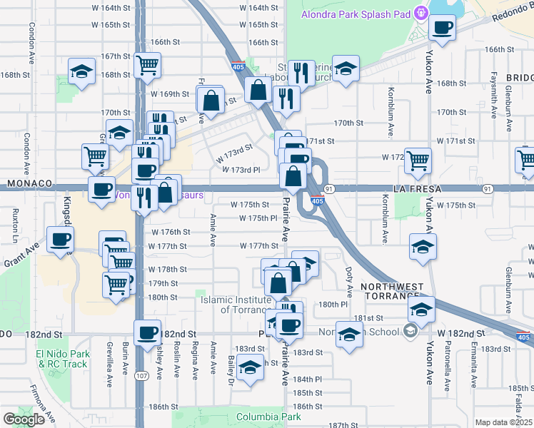 map of restaurants, bars, coffee shops, grocery stores, and more near 4023 West 175th Place in Torrance