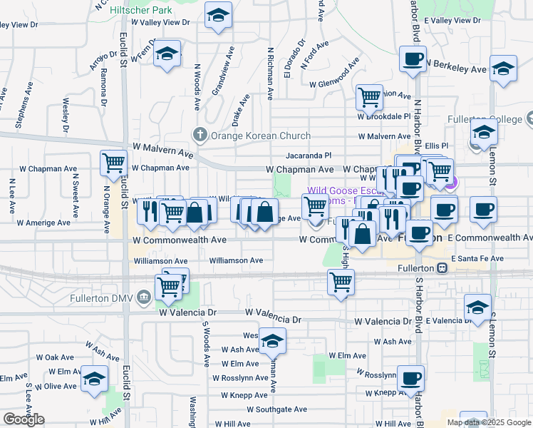 map of restaurants, bars, coffee shops, grocery stores, and more near 505 West Amerige Avenue in Fullerton