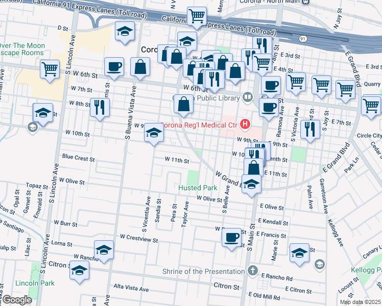 map of restaurants, bars, coffee shops, grocery stores, and more near 1006 West Grand Boulevard in Corona