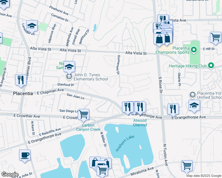 map of restaurants, bars, coffee shops, grocery stores, and more near 988 Spyglass Place in Placentia