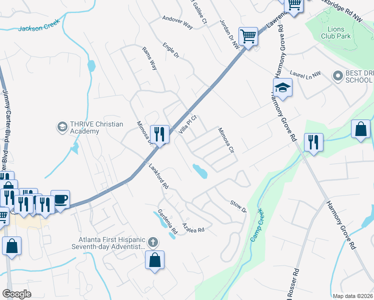 map of restaurants, bars, coffee shops, grocery stores, and more near 6144 Mimosa Circle in Tucker