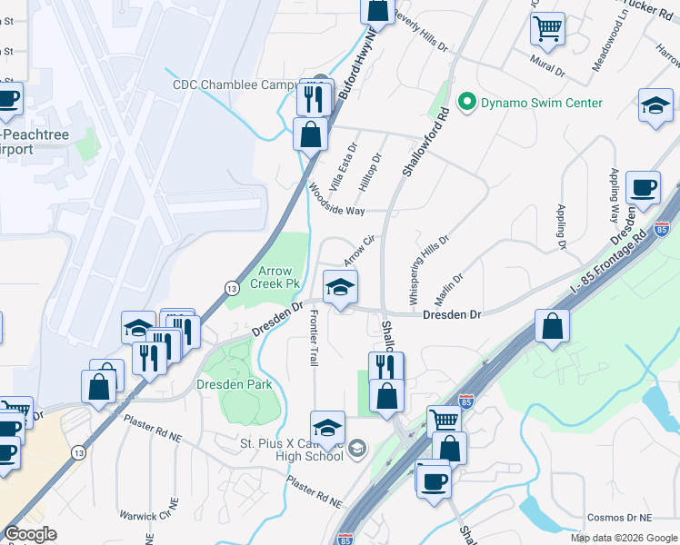 map of restaurants, bars, coffee shops, grocery stores, and more near 2355 Arrow Circle in Atlanta