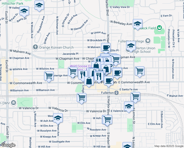 map of restaurants, bars, coffee shops, grocery stores, and more near 215 West Amerige Avenue in Fullerton