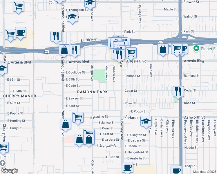 map of restaurants, bars, coffee shops, grocery stores, and more near 6420 Indiana Avenue in Long Beach