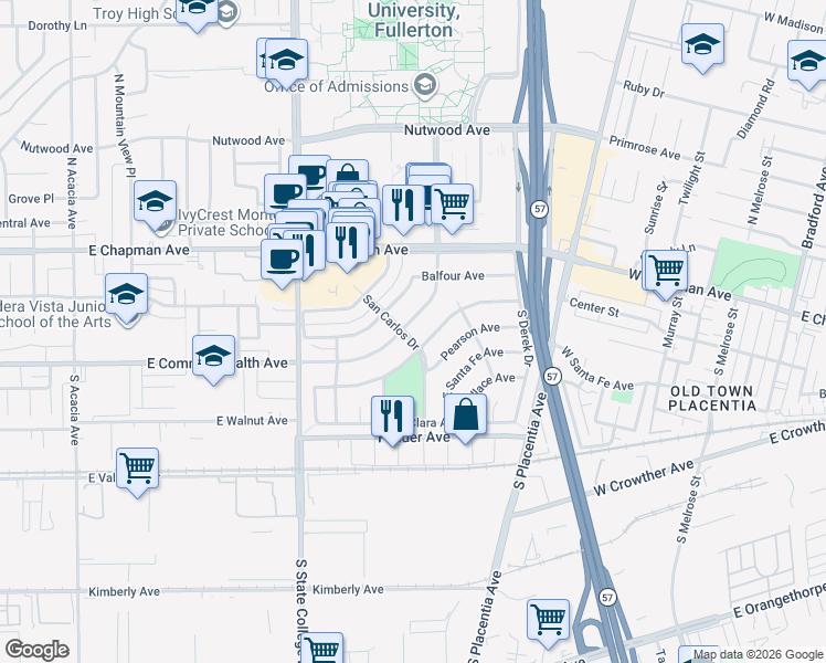 map of restaurants, bars, coffee shops, grocery stores, and more near 2500 East Commonwealth Avenue in Fullerton