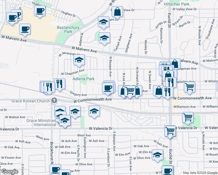 map of restaurants, bars, coffee shops, grocery stores, and more near 221 North Basque Avenue in Fullerton