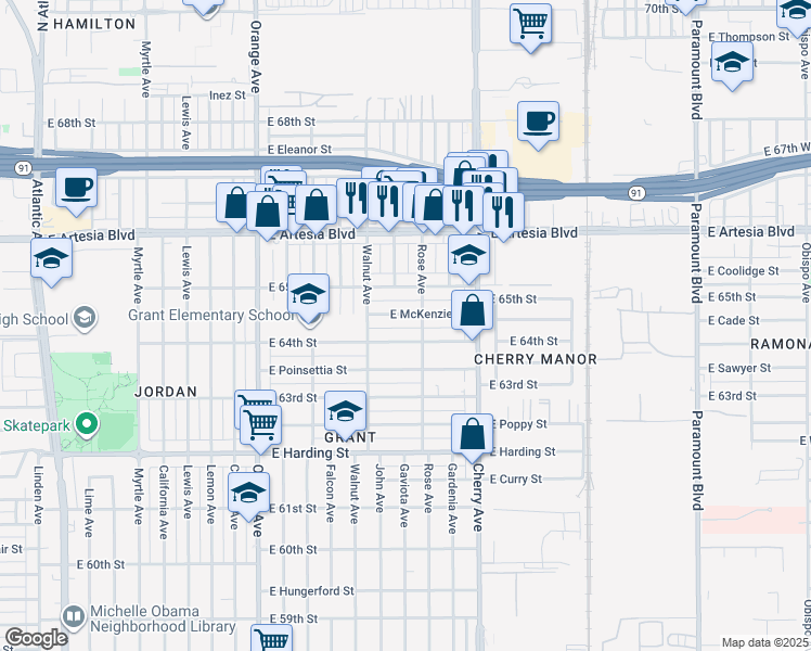 map of restaurants, bars, coffee shops, grocery stores, and more near 1666 East McKenzie Street in Long Beach