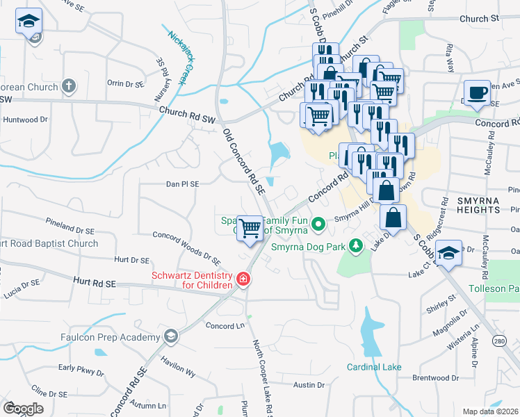 map of restaurants, bars, coffee shops, grocery stores, and more near 3366 Old Concord Road Southeast in Smyrna