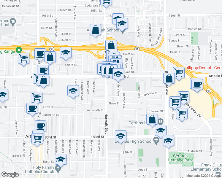 map of restaurants, bars, coffee shops, grocery stores, and more near 17529 Thornlake Avenue in Artesia