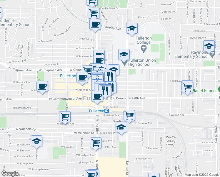 map of restaurants, bars, coffee shops, grocery stores, and more near 147 East Amerige Avenue in Fullerton