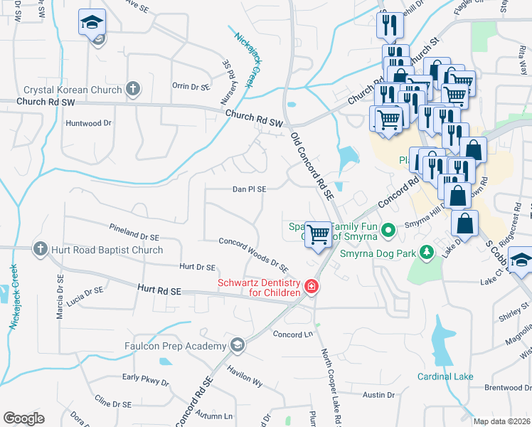 map of restaurants, bars, coffee shops, grocery stores, and more near 3371 Griffin Terrace in Smyrna